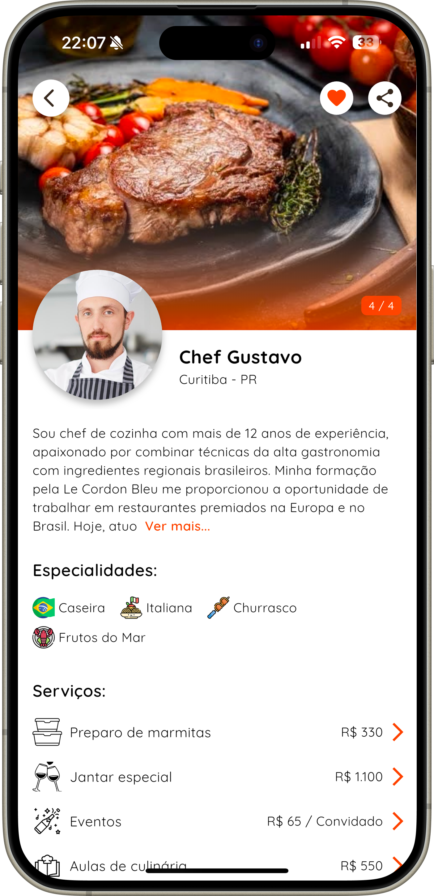 Dashboard do chef no myChef app