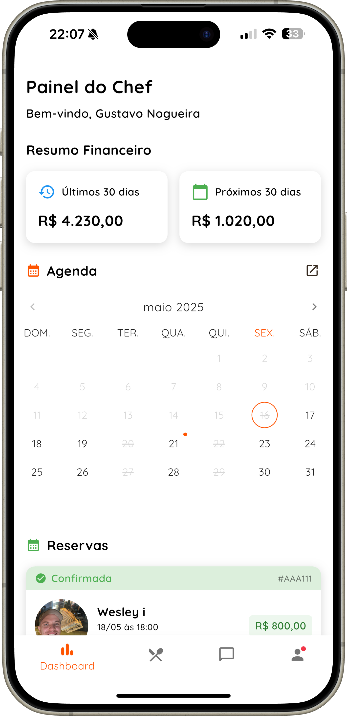 Chef dashboard in myChef app
