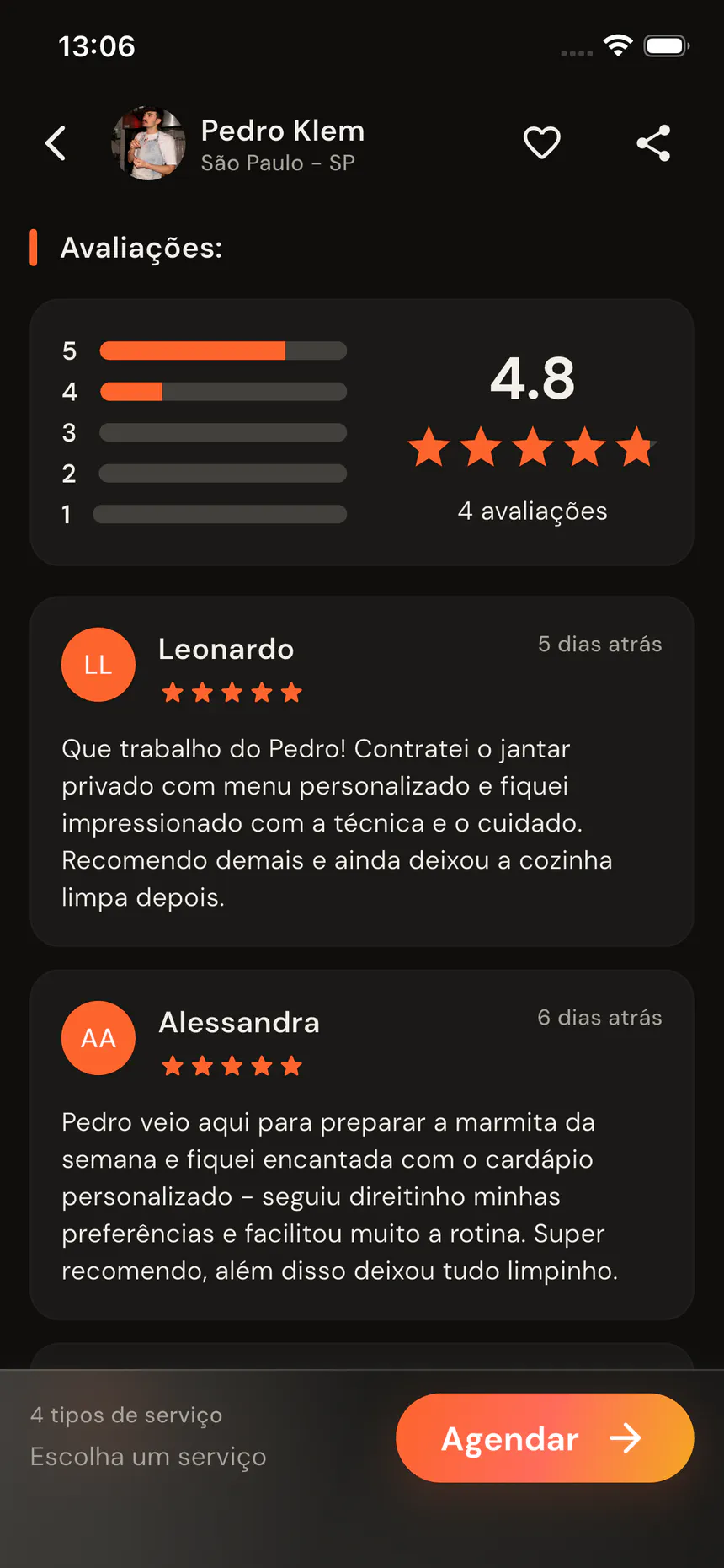 Avaliações de clientes que reservaram no myChef